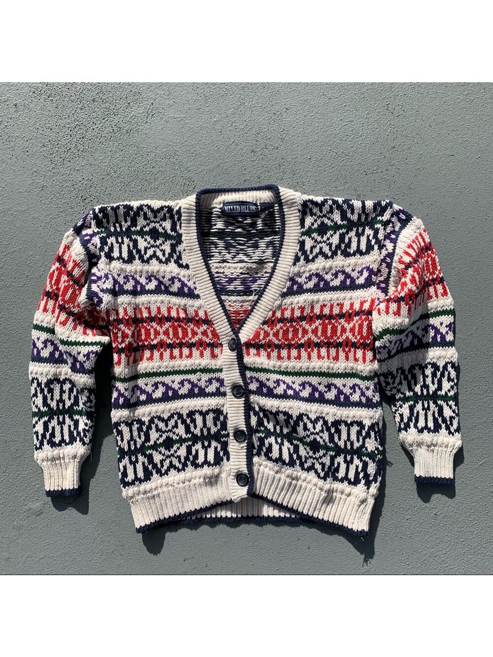 Vintage 90s Mixed Blues primary color fair isle stripe knit button down cardigan